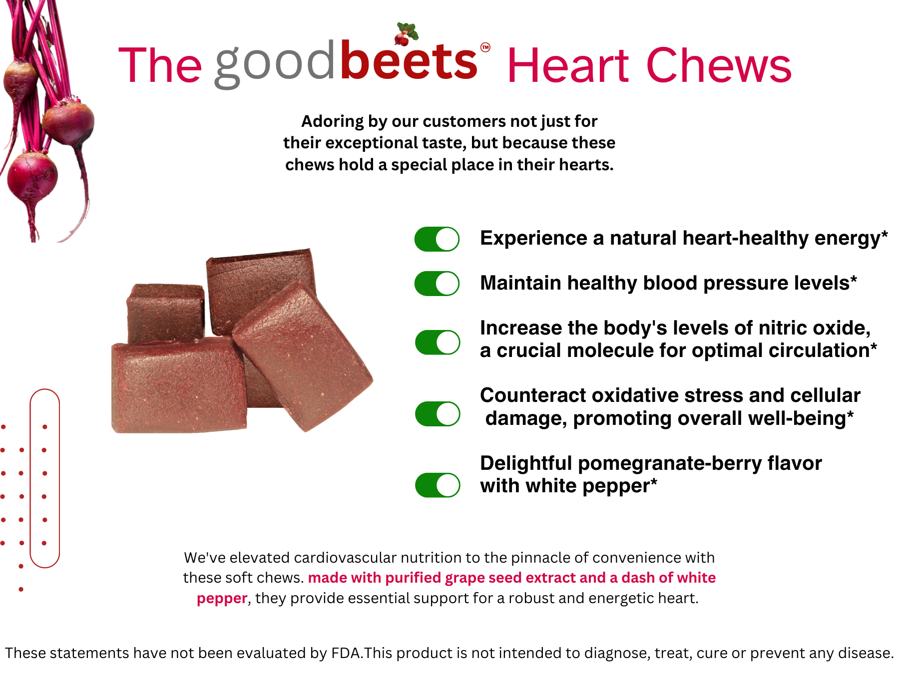 Goodbeets Heart Chews | Nitric Oxide Supplement | Supports Healthy Blood Pressure | Grape Seed Extract And Beet Powder | White Pepper, 60 Count, 1 Pack