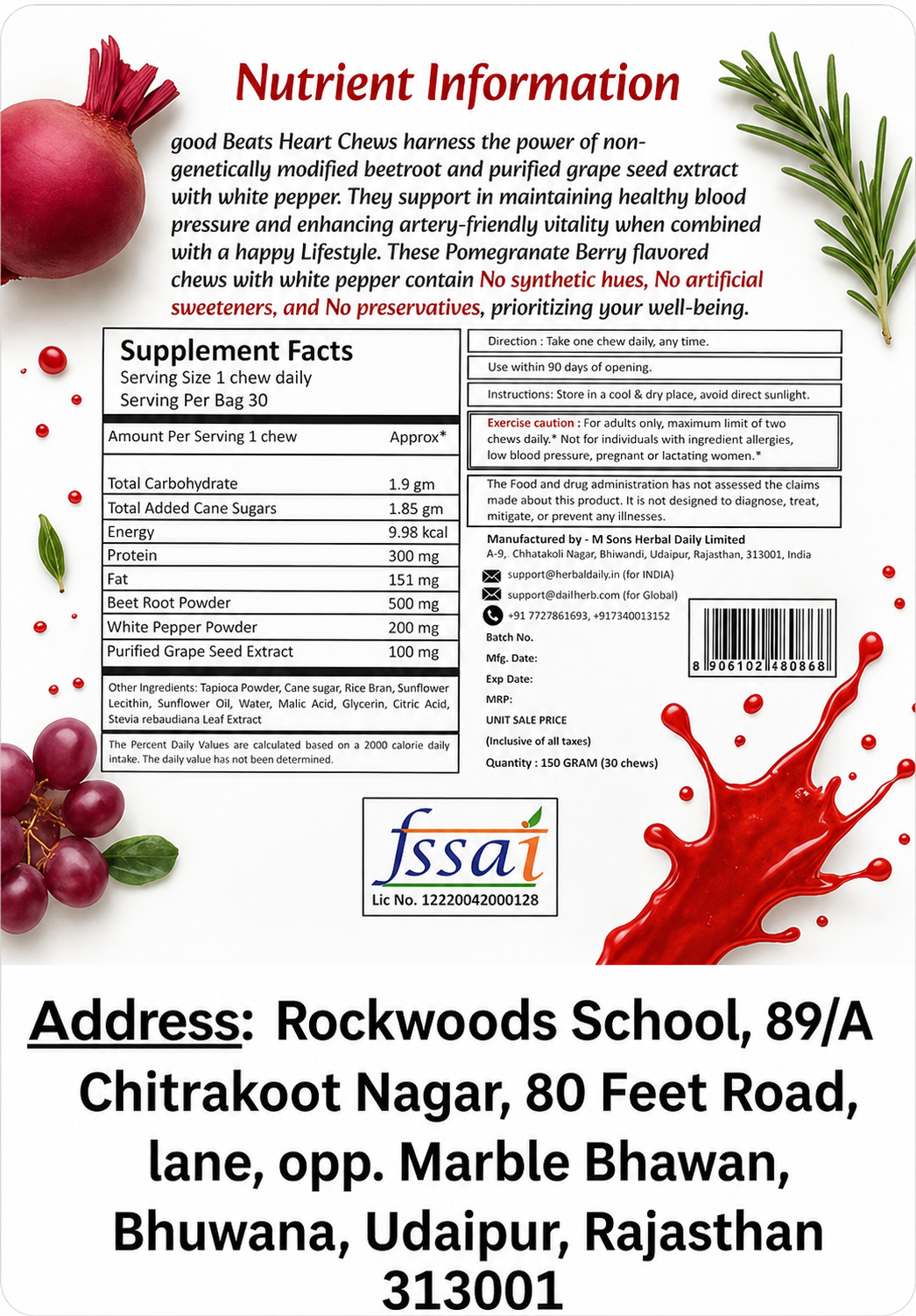 Herbal Daily GoodBeets Chews (30 Gummies) for Women, Help in - Period Pain Relief, Clear Skin & Hormone Balance | With Beetroot, Pomegranate Taste, Grape Seed Extract & Sunflower Lecithin