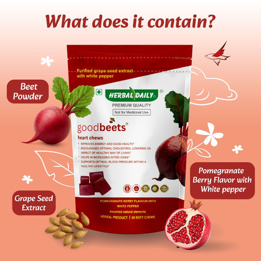Herbal Daily GoodBeets Chew (60 Gummies) Help in PCOD , PCOS , Period pain , White Discharge | Energy & Better Sleep, Clear Skin, Pimple | Made with Beetroot Powder, Pomegranate, Grape Seed Extract