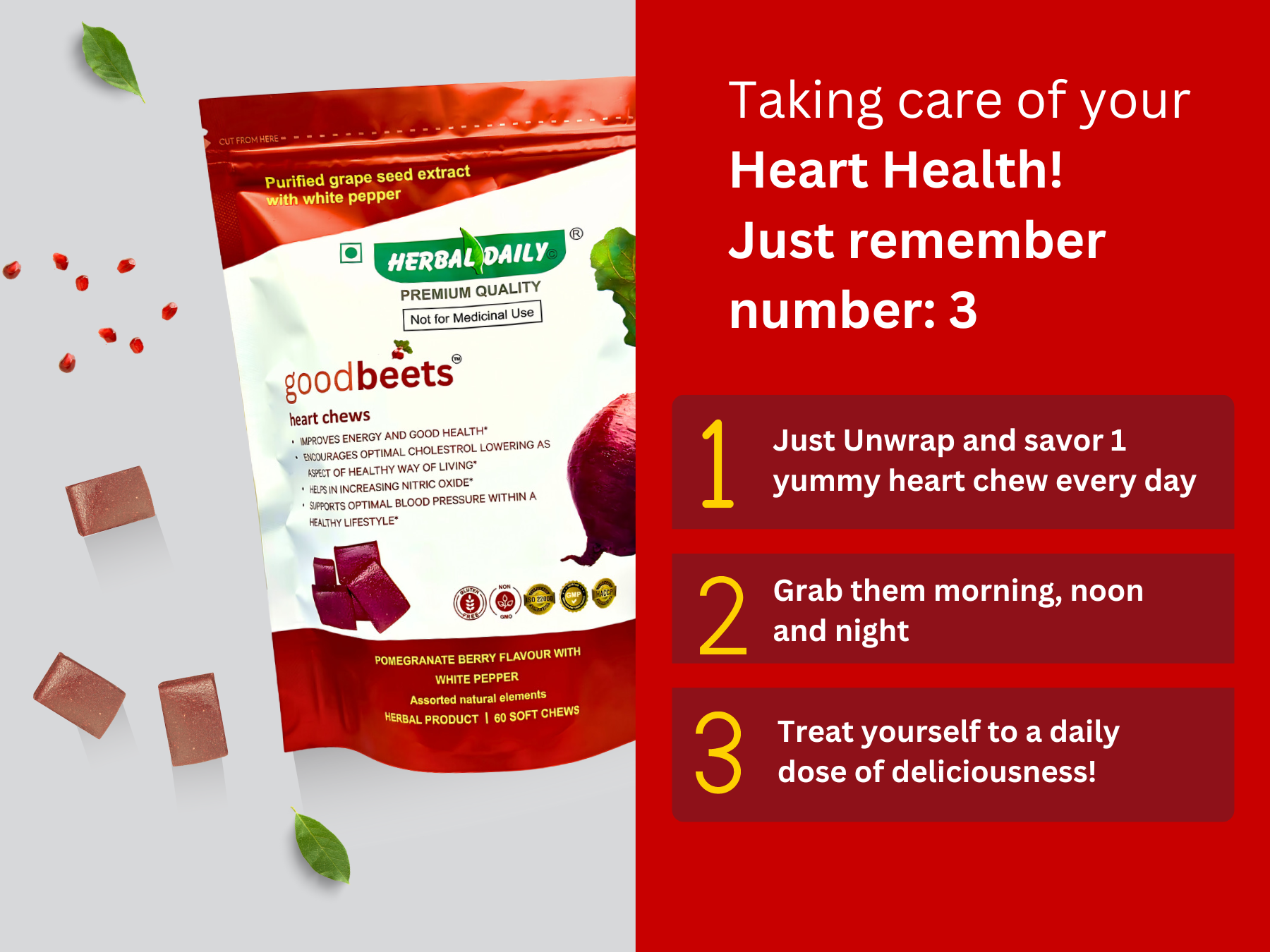 Goodbeets Heart Chews | Nitric Oxide Supplement | Supports Healthy Blood Pressure | Grape Seed Extract And Beet Powder | White Pepper, 60 Count, 1 Pack