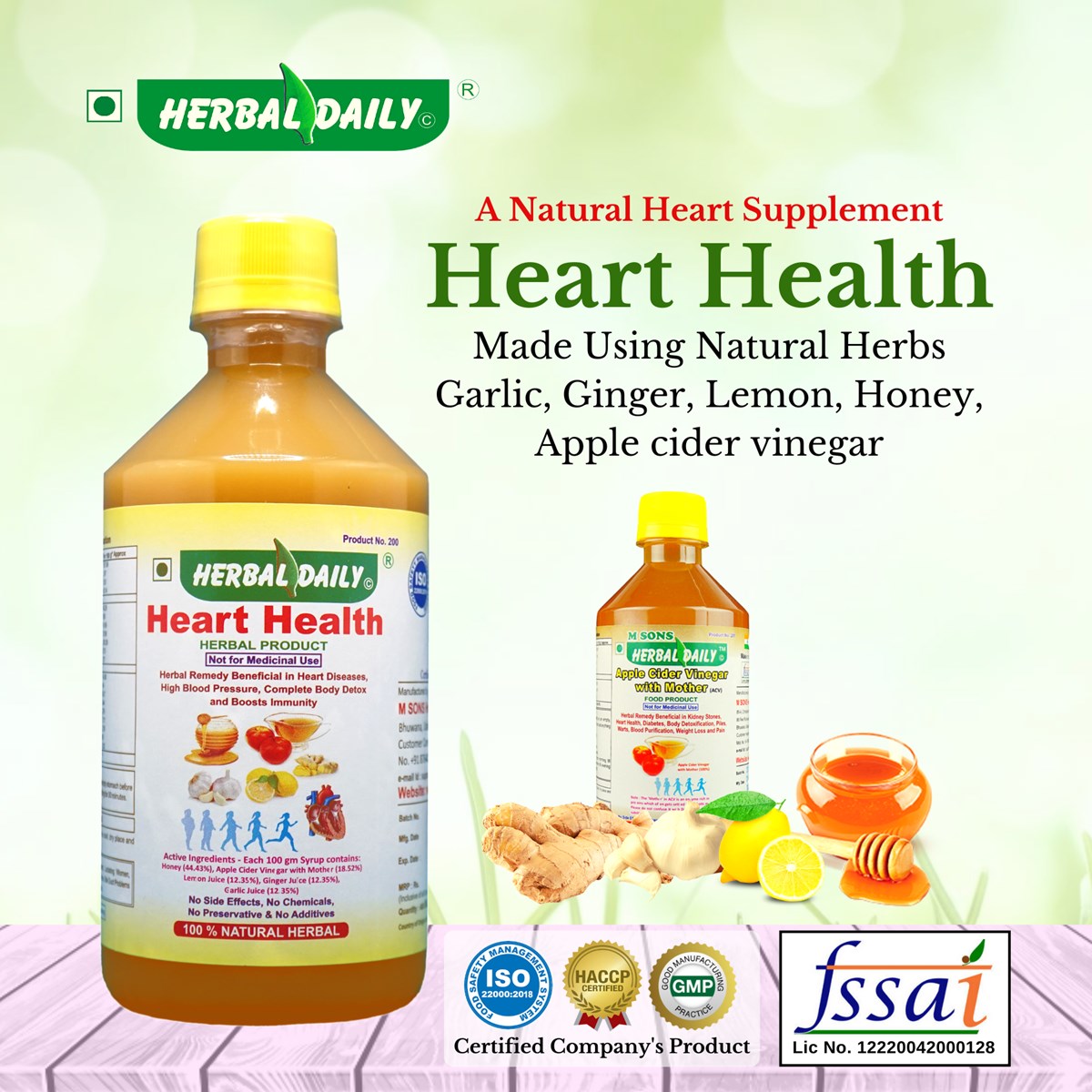 Heart Health | Manages Cholesterol Level | Heart Health And Immunity Support | Garlic, Ginger, Lemon, Honey, Acv | 400ml 2 Bottle